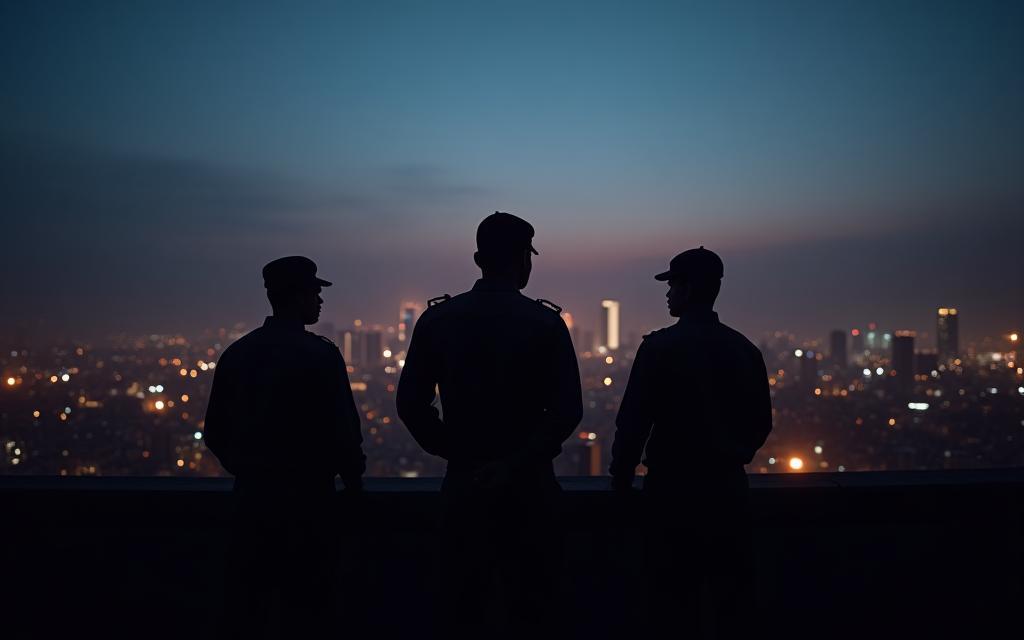 Silhouette of security personnel in a professional setting overlooking Mumbai skyline