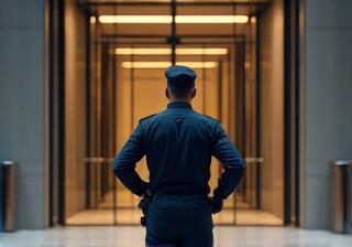 Security guard standing watch at a corporate building entrance