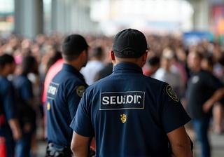 Security personnel managing a crowd at an event entrance
